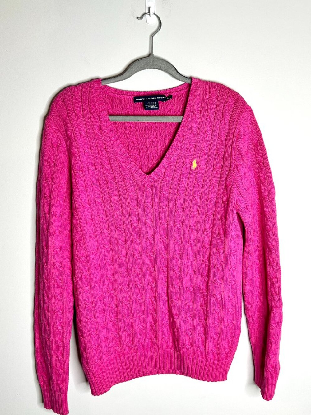 Ralph Lauren Sport Hot Pink Cable Knit V-Neck Preppy Fisherman Sweater Sz XL